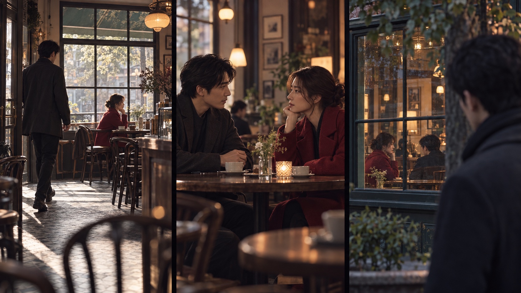 Tres planos del mismo café: una llegada, una conversación y una persona que observa desde fuera.