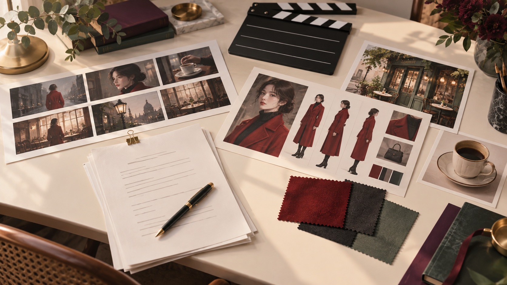 Mesa de dirección con personajes, abrigo rojo, referencias del café, guion y storyboard.
