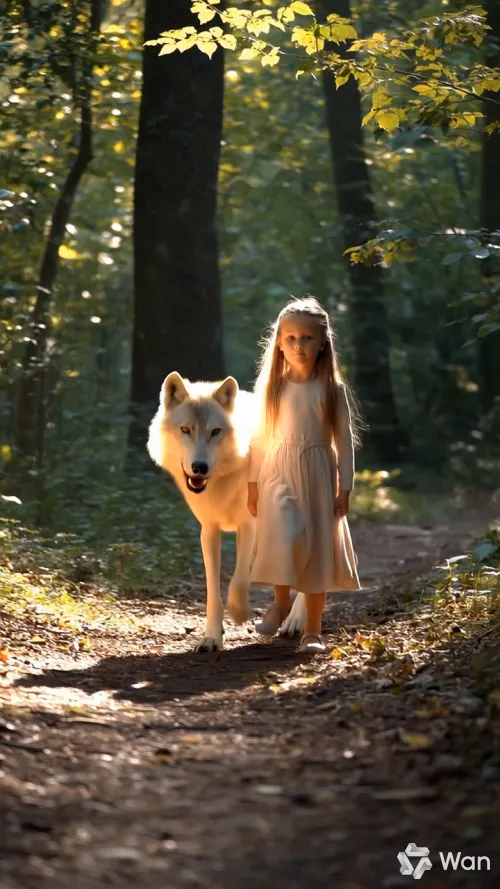 Golden hour cinematography, a small girl strolls slowly towa...