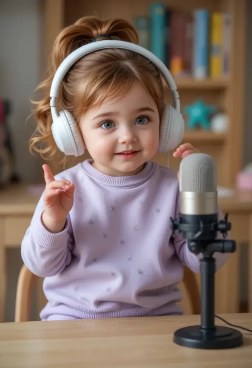 Toddler podcast host talks with hand gestures and smiles int...