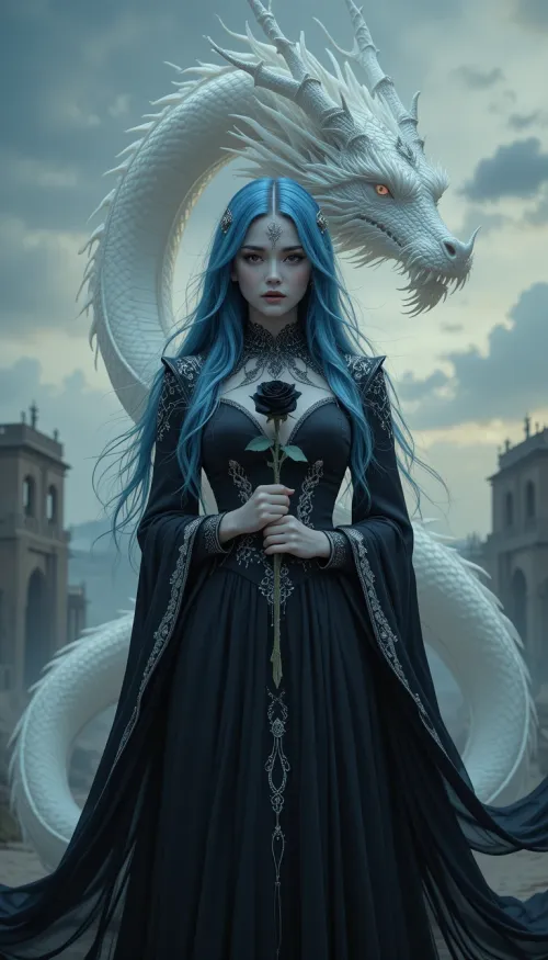 A gothic woman with pale porcelain skin and long flowing blu...