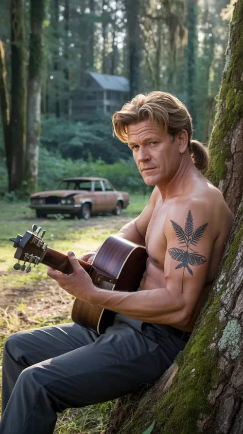 Rustic Acoustic Serenade: In a tranquil setting, a man sits ...