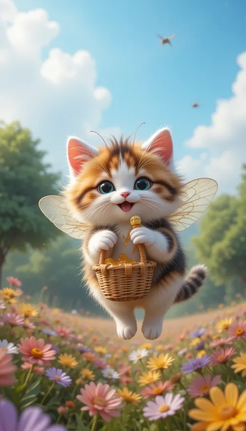 \"A cute fairy kitten with delicate translucent wings gently...