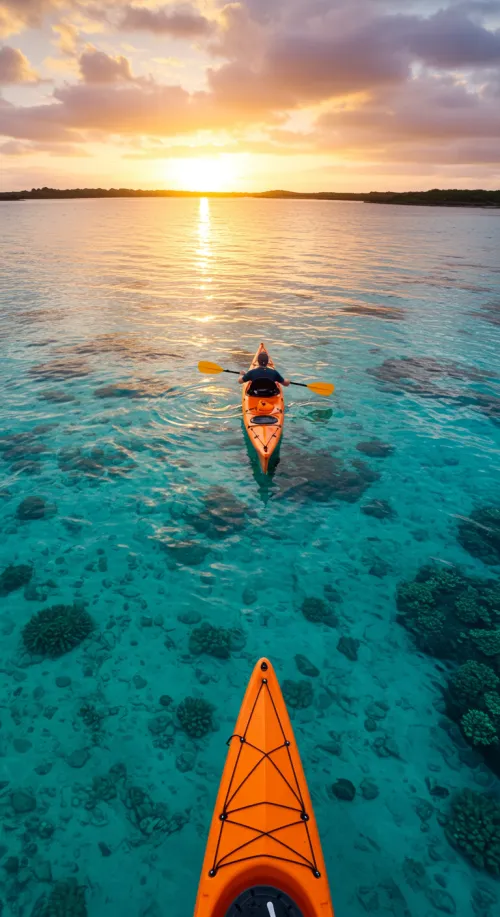 two kayaks sailing in a sea with crystal clear waters, at su...