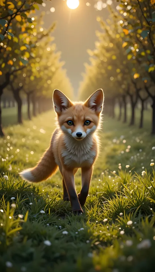 realistic cute orange fennec fox\
walking through the orchar...