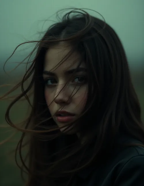 Mystical Outdoor Wind-Blown Portrait: A girl stands amidst a...
