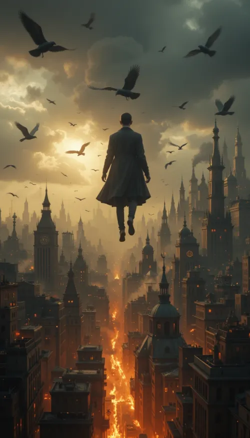 a person floating above a burning city, expressionless, surr...