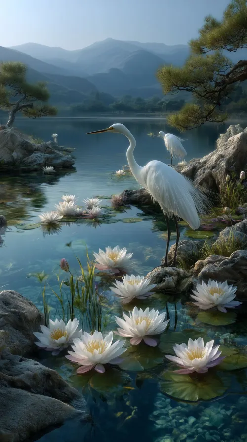 The lake is clear and beautiful, several graceful white cran...