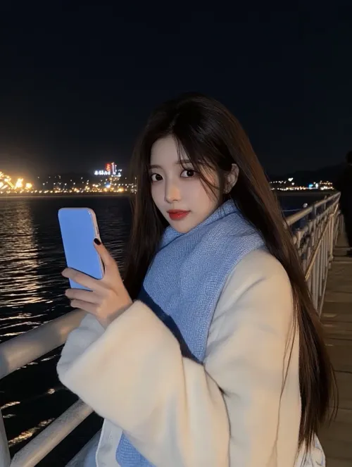 The girl is playing with her mobile phone. There are firewor...