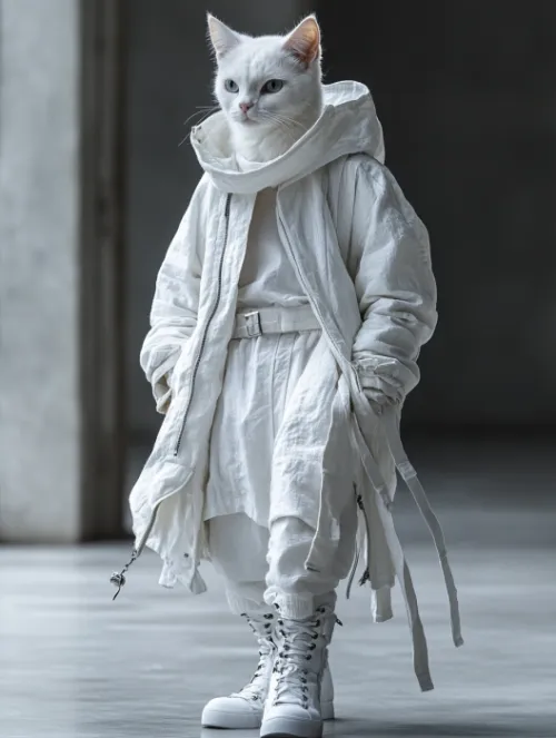 In futuristic fashion, a white cat wearing a white hooded ja...