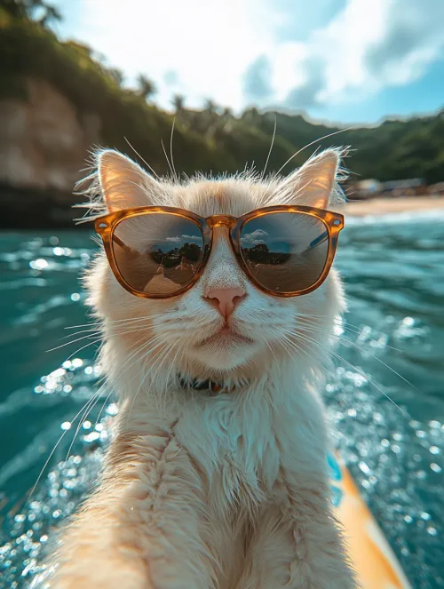 Summer beach vacation style, a white cat wearing sunglasses ...