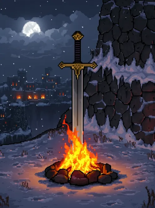 Pixel fantasy illustration, a sword stuck in the ground, the...