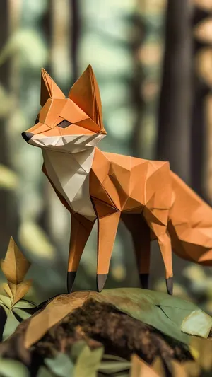 3D origami art style, an orange fox standing in the forest. ...